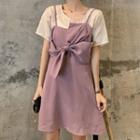 Short-sleeve Plain T-shirt / Sleeveless Bow-accent A-line Dress