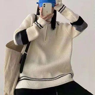 Long-sleeve Striped Zip Knit Sweater