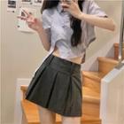 Short-sleeve Plain Asymmetric Cropped Shirt / High-waist Plain Pleated Skirt