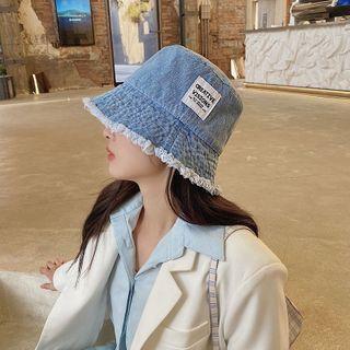 Lettering Applique Fringed Denim Bucket Hat