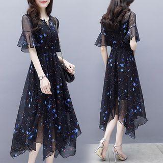 Star Print Short-sleeve A-line Chiffon Midi Dress