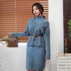 Set: V-neck Sweater + Mock-neck Sleeveless Midi Dress + Belt