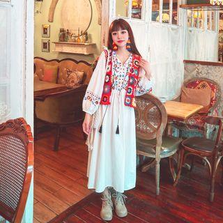 Floral Embroidered Midi A-line Dress / Color Block Floral Vest