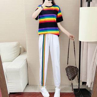 Short-sleeve Color Block Striped T-shirt / Sweatpants / Set