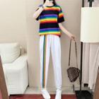 Short-sleeve Color Block Striped T-shirt / Sweatpants / Set