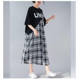 Elbow-sleeve Plaid Panel Midi A-line Dress As Shown In Figure - One Size