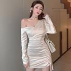 Long-sleeve One-shoulder Drawstring Satin Mini Sheath Dress
