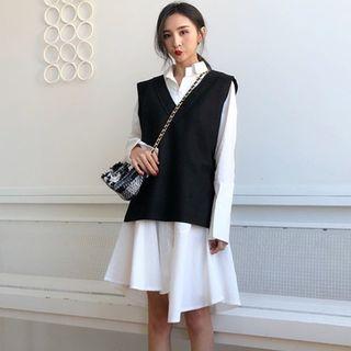 Asymmetric Hem Shirt Dress / V-neck Long Vest