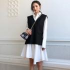 Asymmetric Hem Shirt Dress / V-neck Long Vest