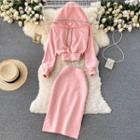 Set Of 2 : Drawstring Hooded Cropped Sweatshirt + High-waist Slit Skirt