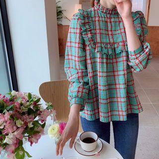 Frilled-detail Checked Top Green - One Size
