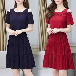 Short-sleeve Cold Shoulder Tiered A-line Dress