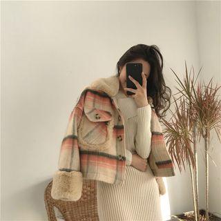 Furry Collar Plaid Buttoned Jacket Plaid - Orange & Khaki - One Size