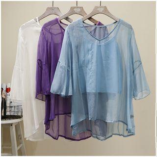 Set: Camisole + Bell-sleeve Chiffon Top Blue - One Size