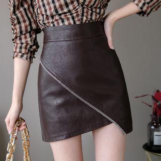 High-waist Faux Leather Asymmetric Mini Straight-fit Skirt
