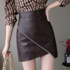 High-waist Faux Leather Asymmetric Mini Straight-fit Skirt
