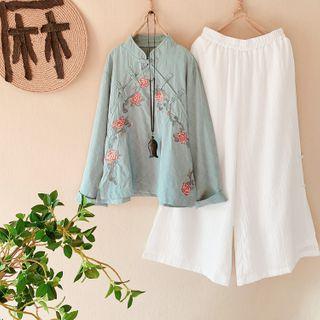 Embroidered Long-sleeve Top / Crop Wide Leg Pants