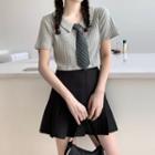 Short-sleeve Polo Shirt / Striped Tie / Pleated A-line Mini Skirt / Set