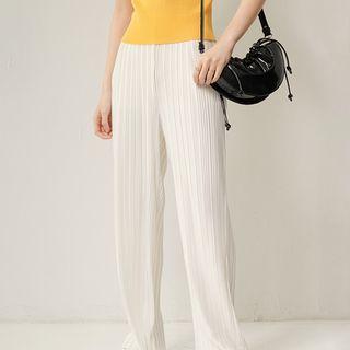 Plain Accordion Pleated Wide-leg Pants White - One Size