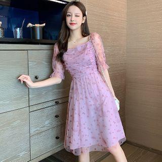 Puff-sleeve Mesh Printed Dress