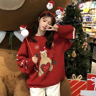 Bear Print Loose Sweater Red - One Size