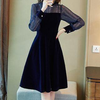 Puff-sleeve Paneled A-line Velvet Dress