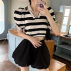 Striped Puff-sleeve Cropped Top / High-waist Wide-leg Shorts