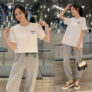 Set: Short-sleeve Lettering T-shirt + Straight Leg Jogger Sweatpants