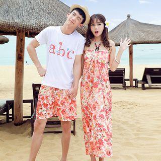 Halter Floral Maxi Dress / Set: Short-sleeve T-shirt + Shorts