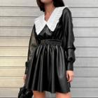 Ruffled-collar Long Sleeve Faux Leather Mini Dress