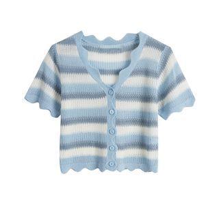 Scallop Hem Stripe Short Sleeve Knit Cardigan