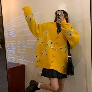Chicken Print Knit Cardigan Yellow - One Size