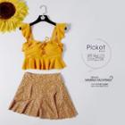 Set: Ruffle Trim Lace-up Tankini Top + Floral Print Swim Skirt