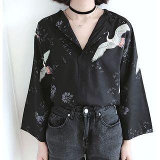 Crane Print V-neck Loose-fit Chiffon Blouse