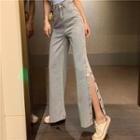 Slit-side Buttoned Wide-leg Jeans