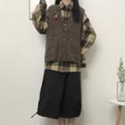 Plaid Shirt / Knit Vest / Midi A-line Skirt