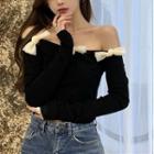 Bow Off-shoulder Cropped T-shirt Black - One Size