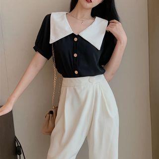 Color Block Short-sleeve Blouse / High Waist Cropped Pants