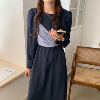 Long-sleeve Paneled Midi A-line Dress Navy Blue - One Size