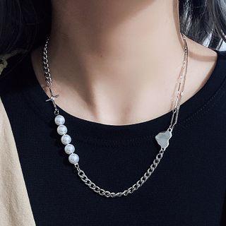 Cross Faux Pearl Stainless Steel Choker Silver - One Size