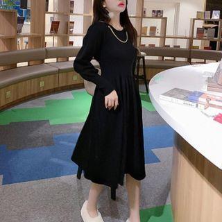 Puff-sleeve Plain Knit Midi A-line Dress