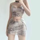 Set: Halter-neck Snakeskin Print Sequined Top + Pencil Skirt