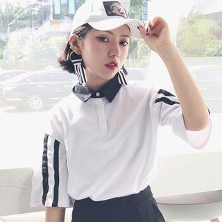 Colour Block Elbow-sleeve Collared Top