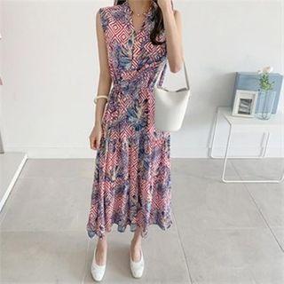Sleeveless Patterned Tiered Dress Red - One Size