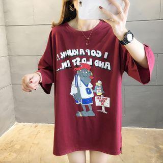 3/4-sleeve Lettering Cartoon Print T-shirt