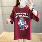 3/4-sleeve Lettering Cartoon Print T-shirt