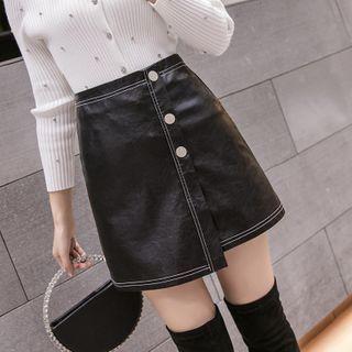 Faux Leather Asymmetric Button Mini A-line Skirt