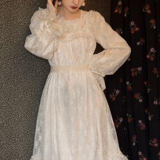 Long-sleeve Lace Midi Shift Dress