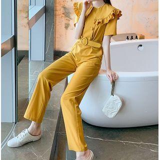 Short-sleeve Plain Ruffled Trim Jumpsuit