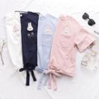 Pocket-front Rabbit Embroidered Bow-detail Short-sleeve Top